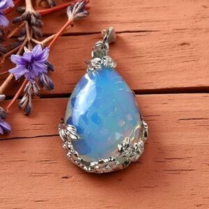 Opalite Pendant With Silver Floral Filigree Setting
